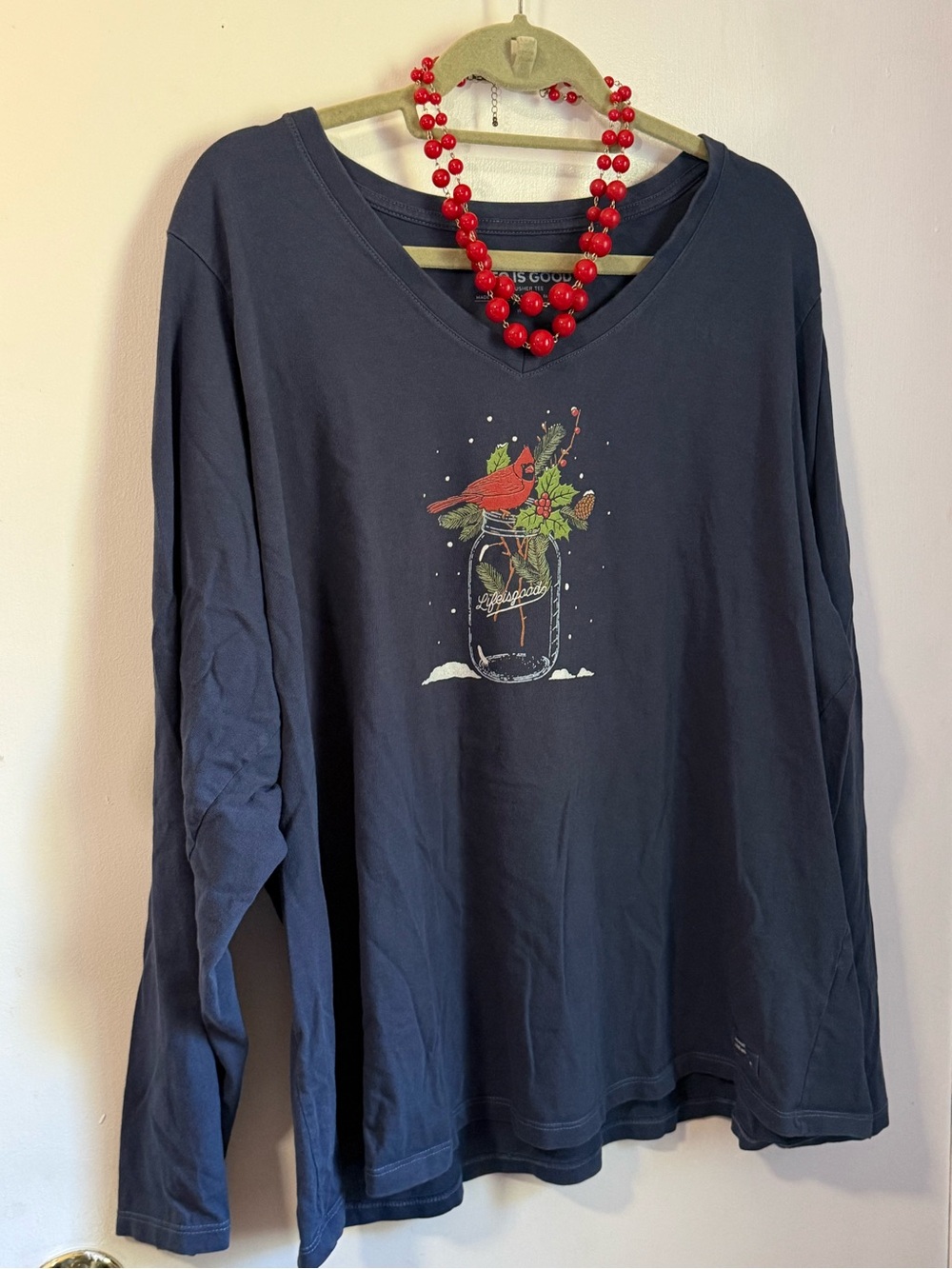 Life Is Good Navy V-Neck Long Sleeve Top with Cardinal Mason Jar Graphic
